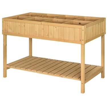 Outsunny Planting Table Raised Garden Bed Planting Table Flower Box Seedling Table 8 Compartments with Drainage, Shelf, Fir Solid Wood Natural Wood 110 x 46 x 76 cm | Aosom