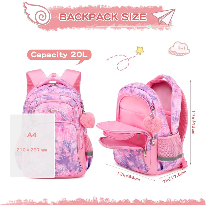 Дитячий рюкзак Cusangel для дівчаток та хлопчиків, ергономічний, регульований, водонепроникний, з нагрудним ременем - рожевий з серцем