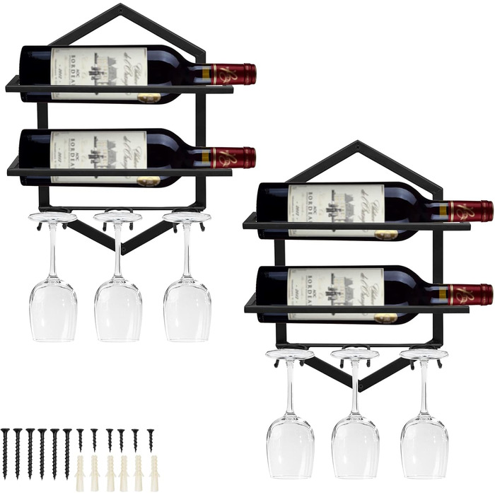 Giyiprpi Metal Wall-Mounted Wine Rack, Hanging Wine Glass Holder Organizer for 2 Bottles and 3 Glasses Included, Wine Shelf Red Wine Rack for Home Kitchen Bar Display Decor (Black 2)