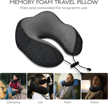 Подушка для шиї у літак - 100% Memory Foam - Зручна подушка для подорожей - з 3D-маскою для сну та навушниками - Ідеально для літака, авто, дому, офісу, чорна
