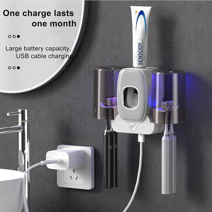Дезінфектор для зубних щіток з вентилятором стерилізації, підставка на стіну, функція сушіння, очищувач зубних щіток, стерилізатор, інтелектуальний, сірий