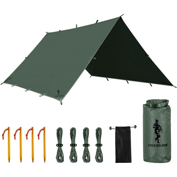 FREE SOLDIER 3x3.2m Waterproof Tarp - Ultralight Camping Shelter, UV Protection, Military Green