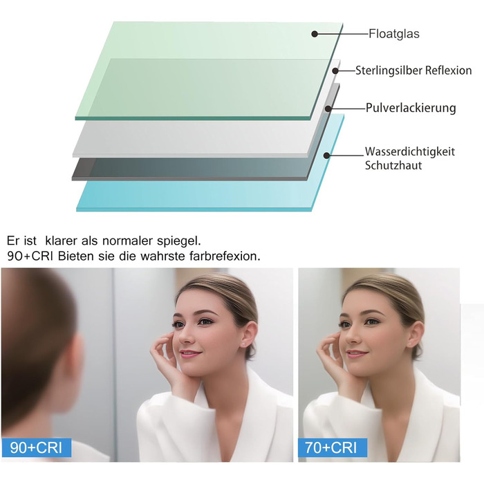 LED дзеркало для ванної кімнати з підсвічуванням 50x70 см, без годинника, 3 кольори світла, сенсорне регулювання, протизапотівання, збільшення