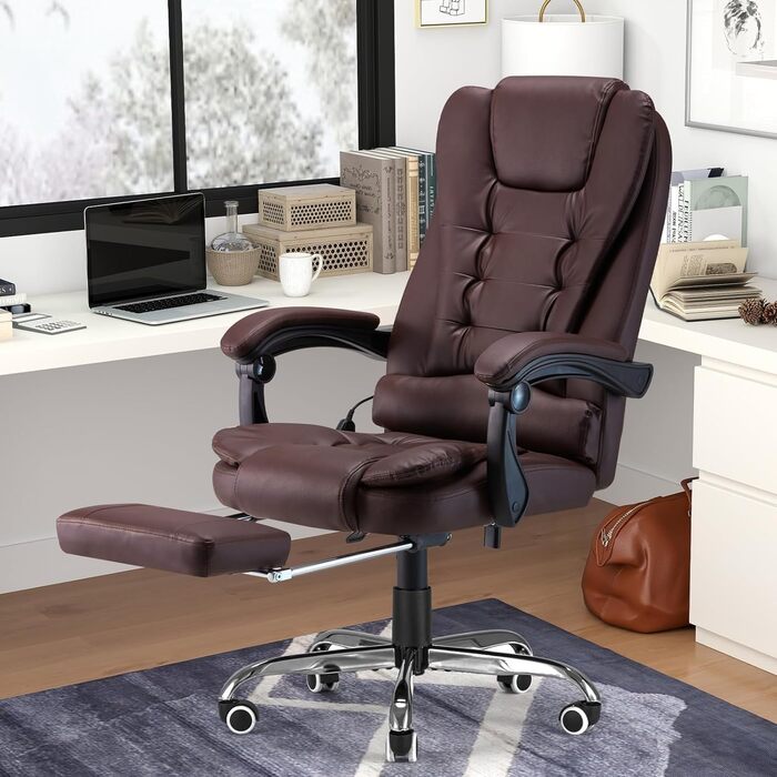 Крісло офісне YODOLLA, 200 кг, ергономічне, з регулюванням нахилу, комп'ютерне, з підніжкою, шкіряне (колір: коричневий)