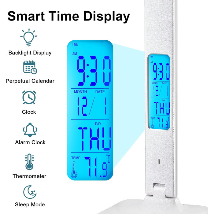LED настільна лампа з бездротовою зарядкою та USB-портом, диммування, годинник, 3 режими освітлення, Tx26cwhite-eu