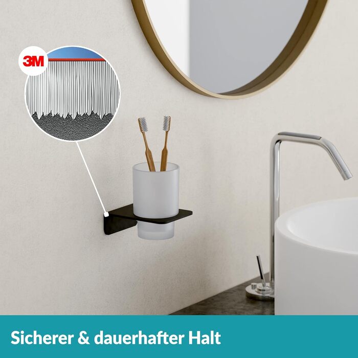 WEISSENSTEIN Toothbrush Holder without Drilling | Cup and Toothbrush Holder for Gluing to the Wall | Stainless Steel Holder and White Glass | in Matte Black