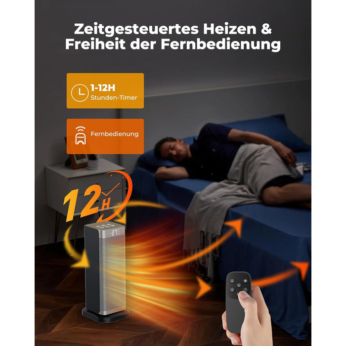 Електричний обігрівач 2000W з економним споживанням, тихий, 3 режими, PTC кераміка, швидкий нагрів, ECO режим, пульт ДУ, таймер 12H, поворот 70°, для офісу, спальні, ванної кімнати, золотий