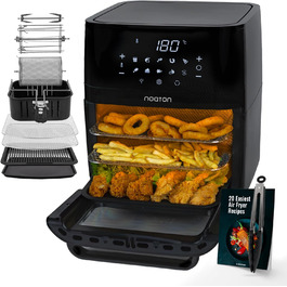 Аерофритюрниця Noaton A120 Ultra Pro 12 л, без олії, 1800 Вт, 10 програм, цифровий дисплей, компактна, для 1-4 осіб, з кулінарною книгою та кухонними щипцями, чорна