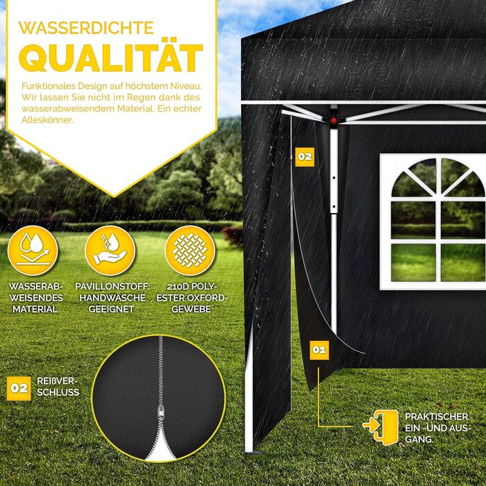 tillvex® for 3x3m Pavilion | Folding Pavilion Side Walls Water-Repellent | Side Windows & Zipper | Side Walls for Garden Tent Party Tent (4x Side Wall, Black)