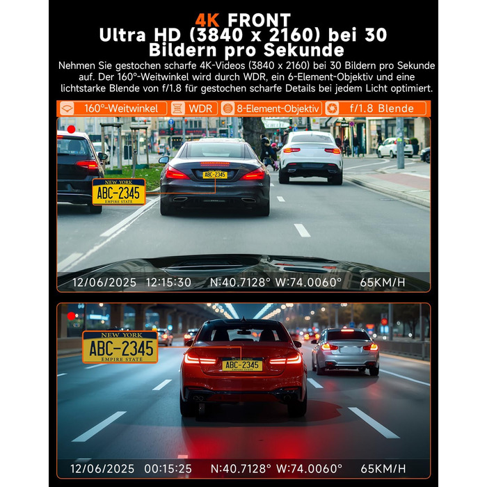 Відеореєстратор E-YEEGER Dashcam Auto 345° Panorama 4K+2.5K з GPS, WiFi, HDR, Нічне бачення, Паркувальний режим, Loop-запис, SD-карта 64GB