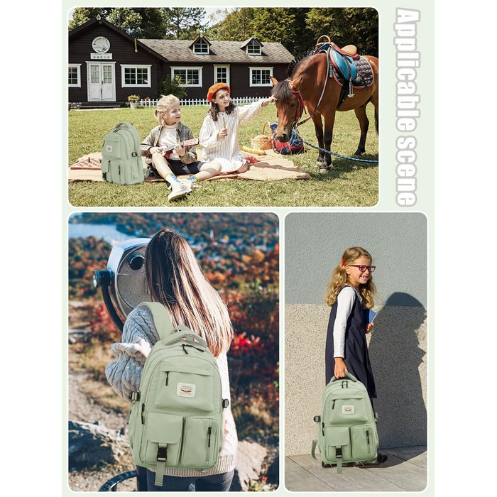 Шкільний рюкзак FIORETTO для підлітків та жінок. Водостійкий, легкий, з відділенням для ноутбука 14 дюймів. Зелений колір.