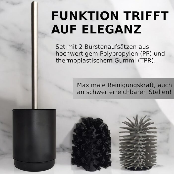 Торцева щітка для унітазу з нержавіючою ручкою - комплект з 2 насадками для ванної кімнати. Стійка, кругла щітка для туалету. Гігієнічна, антибактеріальна (чорний)