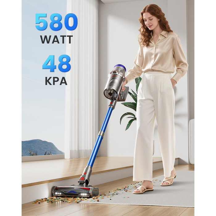 Бездротовий акумуляторний пилосос 48000Pa/580W/65Min, об'єм 1,8L з функцією від'єднання пилу, антизаплутана щітка, 8-ступенева фільтрація. Підходить для килимів, шерсті тварин та твердих поверхонь. Колір: блакитний