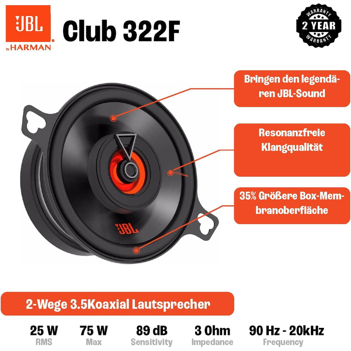 Автомобільна акустика JBL Club 322F 2-смугова, 75 Вт, 87 мм, чорна, Harman Kardon