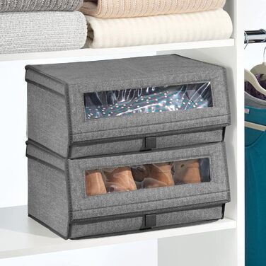 mDesign 8-Piece Fabric Shoe Storage Set – Stackable Shoe Box with Viewing Window, Velcro Closure, and Flip-Top Lid – Storage Box for Closet or Shelf – Dark Gray