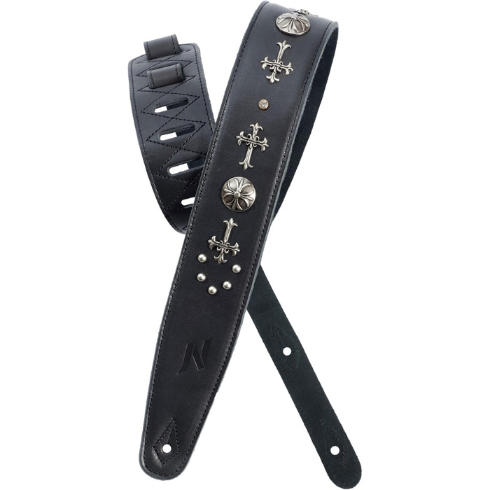 Гітарний ремінь Nefelibata з повном'якої шкіри, з підкладкою з піни, з срібними заклепками, для електро-, акустичної та бас-гітари (2,5' ширини, карбон-чорний), з хрестом