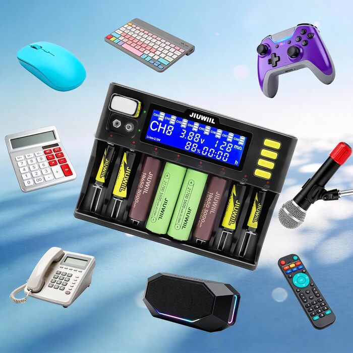 Зарядний пристрій JIUWIIL для акумуляторів 18650, Li-Ion/LiFePO4 (8+2 слоти) з LCD-дисплеєм – швидка зарядка 26650, 17500, 16340, 14500, 10440, 9V