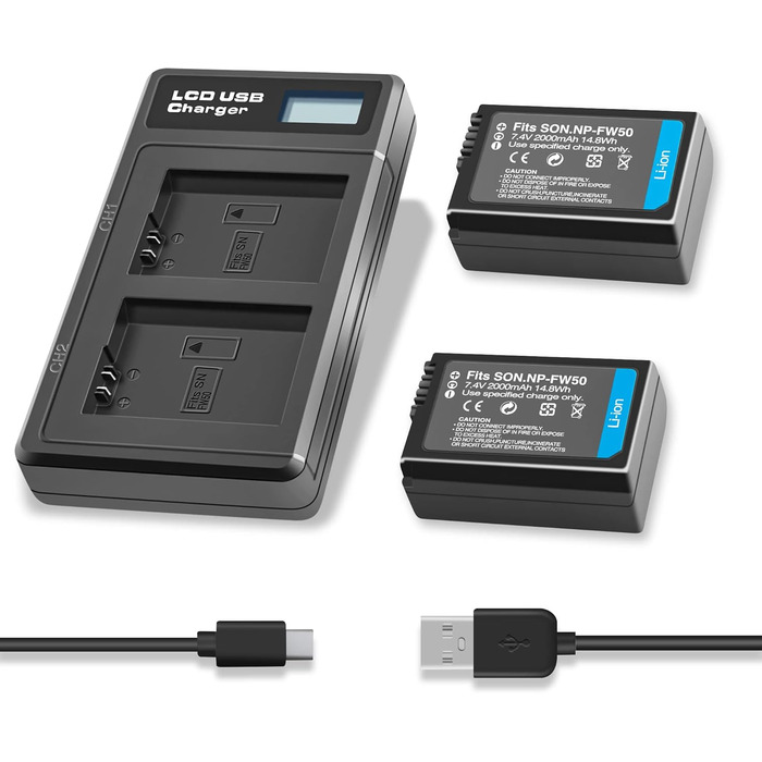Акумулятор NP-FW50 2000mAh з LED-зарядним пристроєм для камер Sony Alpha A6000, A6500, A6400, A6300, A7, A7II, A7R, A7RII, A7S, A7SII, A7S2, RX10, NEX-3/5/7, 6000, 6400, ZV-E10 (2 шт.)