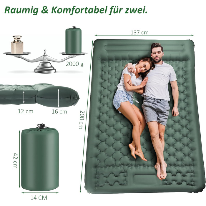 Каремат самонадувний Camping 2025, 12 см, з підголівником 16 см та помпою - для туризму, пляжу, кемпінгу. Ультралегкий, міцний