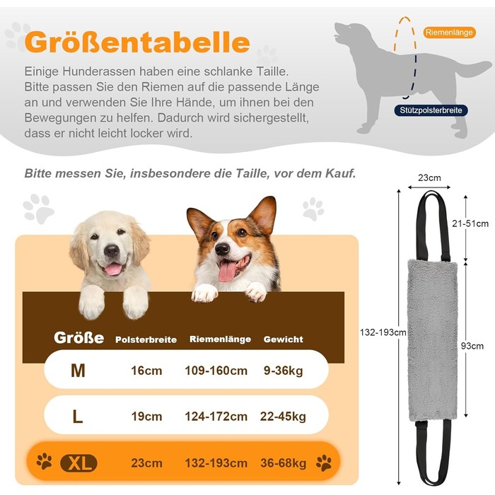 Регульована переносна допомога для собак, переносна лямка для реабілітації, поранених, травмованих або літніх собак - шлейка для собак як засіб допомоги при ходьбі для маленьких і великих собак, сірий колір, XL