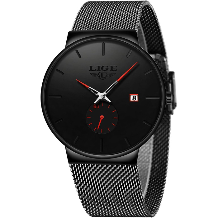 Годинник чоловічий LIGE Retro з металевим браслетом, водонепроникні, аналогові, кварцові, з датою, стильні, для бізнесу та повсякденного носіння (червоний, чорний)