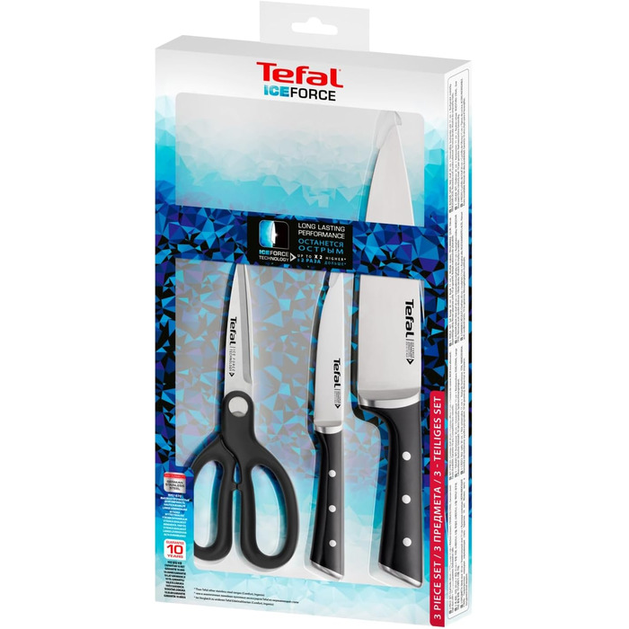 Набір ножів Tefal Ice Force 3 шт: Шеф-ніж 20 см, Сантоку 18 см, Універсальний ніж 11 см, нержавіюча сталь, чорний, K232S3