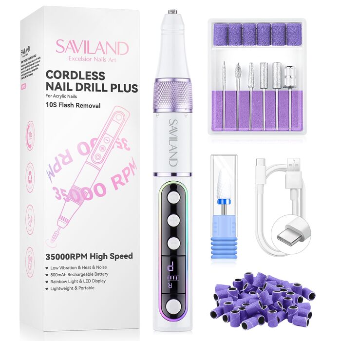 Електрична фрезер для нігтів Saviland 40000 об/хв, 12 в 1, професійний набір для манікюру та педикюру, USB, портативна, фіолетова