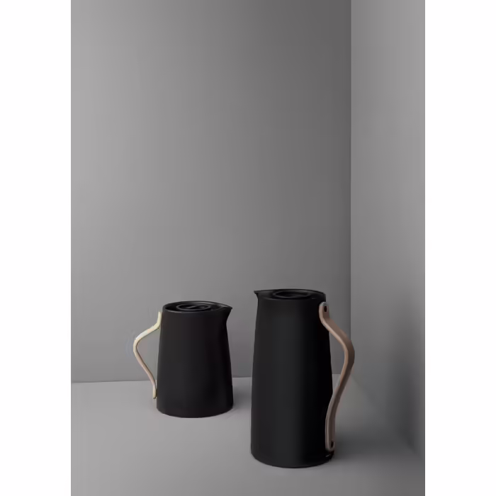 Stelton Coffee Insulated Carafe Emma - Stainless Steel Thermos Insert, Double-Walled Insulated - Thermos/Coffee Pot/Tea Pot with Beechwood Handle, Easy-Click Lid - 1.2 Liter, Glossy Finish, Matte Black