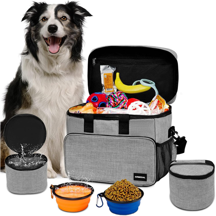 Набір для подорожей з собакою: сумка-переноска, миски та контейнери для їжі. Сірий, L