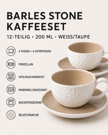Набір керамічних чашок для кави BRICARD Barles Stone, 12 предметів, 200 мл, біло-сірий (Taupe)