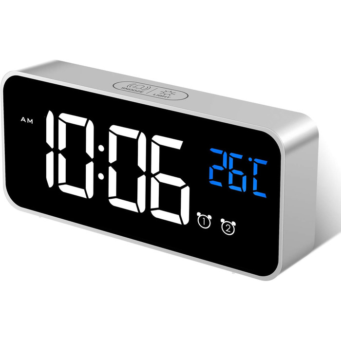 Цифровий годинник MOSUO з LED-дисплеєм, USB-зарядка, показник температури, голосове керування, 2 будильники, регулювання яскравості та гучності, срібний