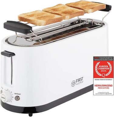 Тостер First Austria 4-х секційний з широким прорізом, 1400 Вт з піддоном для крихт | Підставка для тостів | Теплоізольований корпус, регулювання температури, корпус з нержавіючої сталі, функція розморожування, центрування хліба 1400 Вт - білий