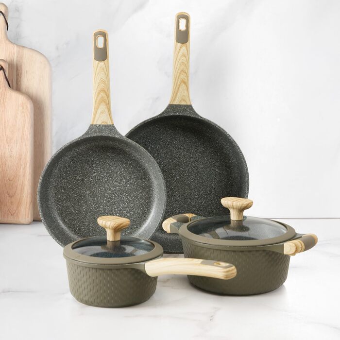 Набір посуду KASANOVA Bambù з антипригарним покриттям, 6 предметів, індукція, скляні кришки (Зелений)