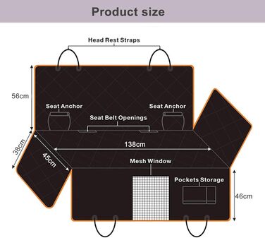 Накладки на сидіння автомобіля для собак Caliyo, 143.5x134 см, чорно-помаранчеві, водовідштовхувальні та стійкі до подряпин