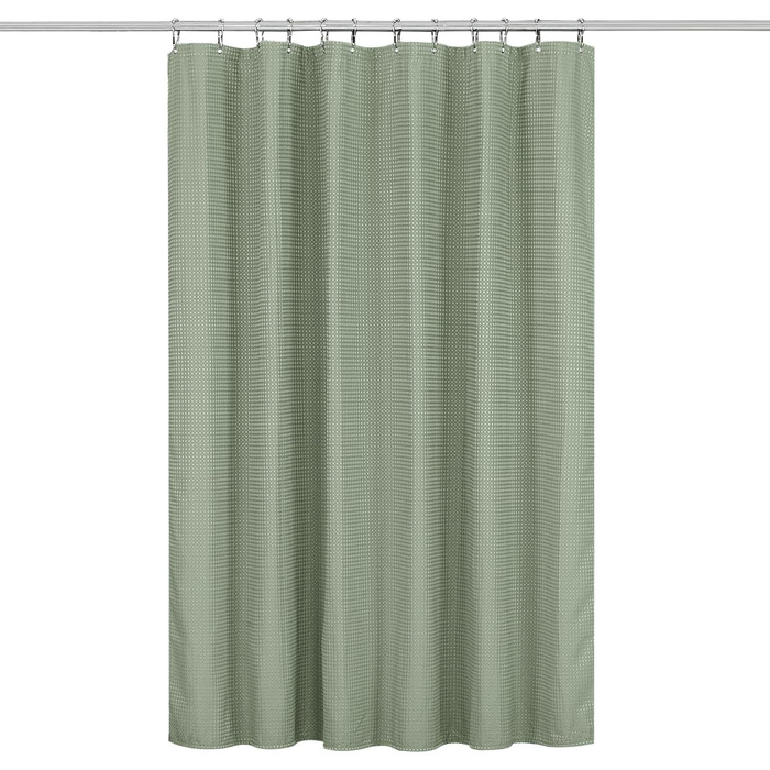 Штора для душу Waffel 183x198 см - текстильна, поліестер, з магнітами, 12 кілець, непрозора, водовідштовхувальна, для ванної кімнати (зелена)
