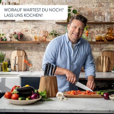 Набір кухонних ножів Jamie Oliver by Tefal (6 предметів): шеф-ніж, ніж Сантоку, ніж для хліба, універсальний ніж, ніж для овочів + блок з акації, сталь, коричневий K267S556