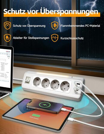 Кутова розетка для кухні Ecksteckdose, 4-портова з 2 USB та 2 Type-C, 3680W/16A з LED, захистом від перенапруги, економна для дому, офісу, кухні, настінний монтаж, кабель 2м білий, 4-портова