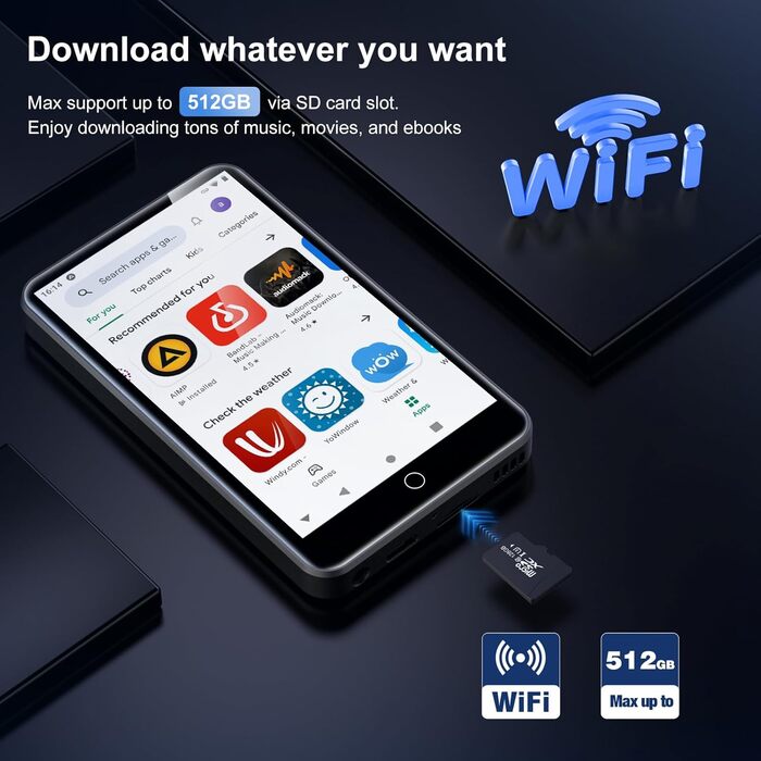 MP3-плеєр ZAQE 80GB Bluetooth WiFi Android Spotify MP4 для дітей (Чорний)