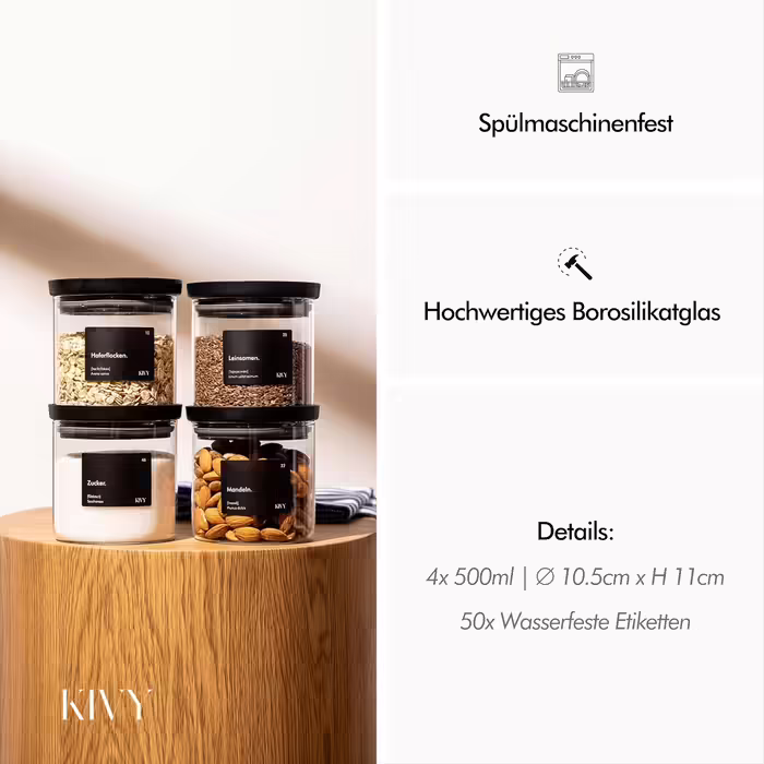 KIVY Storage Jars with Transparent Glass Lids [4x 500ml] Airtight Storage Jars with Lids - Storage Containers with Lids Airtight Glass Storage with Lid - Storage Containers Kitchen