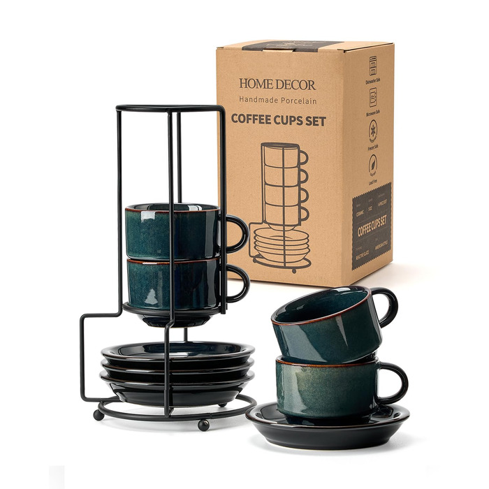 Набір чашок для еспресо HOME DECOR 6 шт (140 мл), з підставками та стійкою, зелений, кераміка - для кави, капучино, лате