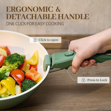 Набір посуду керамічний 23 предмети з антипригарним покриттям та знімними ручками, чорний. Підходить для всіх типів плит, включаючи індукційні. Сковороди 20/26 см, каструля 18 см, сотейник 24 см. Можна використовувати в духовці.