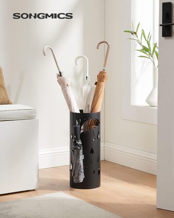 Стійка для парасоль під Songmics, металева, кругла, з 4 гачками, знімний піддон для води, 17 x 41 см, для входу, коридору, чорна