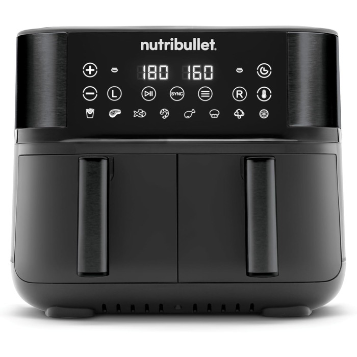 Nutribullet Double Drawer Air Fryer 8L with a wide selection of cooking modes, digital LED touchscreen, 8 programs, preheat & keep warm, grill, no oil, 2850 W, Black, NBA081B