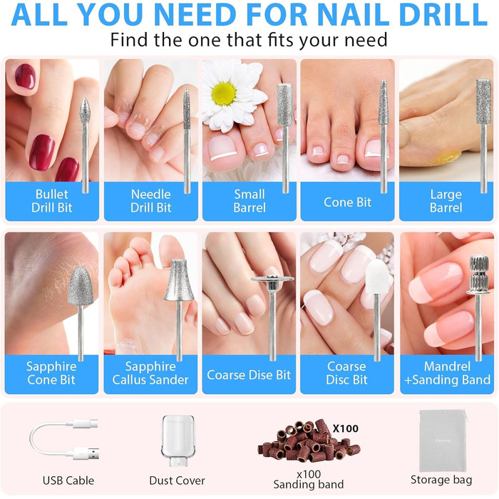 Електричний набір для манікюру Karrong: бездротовий фрезер з 10 насадками, LED-підсвічування, для гель та акрил