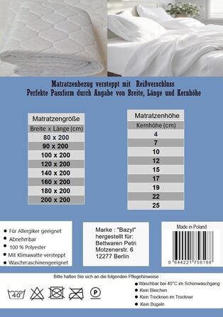 Mattress cover 180 x 200 cm. Quilted mattress protector with zipper. Various thicknesses (180 x 200 x 4 cm)