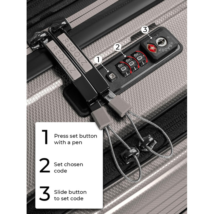 Набір валіз REDOLZ Essentials 14: S (55 см, кишенька для ноутбука), M (66 см), L (77 см). Розширювані, ультралегкі, з TSA-замком та 4 колесами. Колір: Coffee Grey Metallic