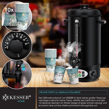 KESSER® Mulled Wine Boiler 8L Stainless Steel Incl. 10 Cups Mulled Wine Cooker with Thermostat Mulled Wine Dispenser Hot Beverage Dispenser Water Boiler Hot Water Dispenser Canning Device Level Indicator Tap Black
