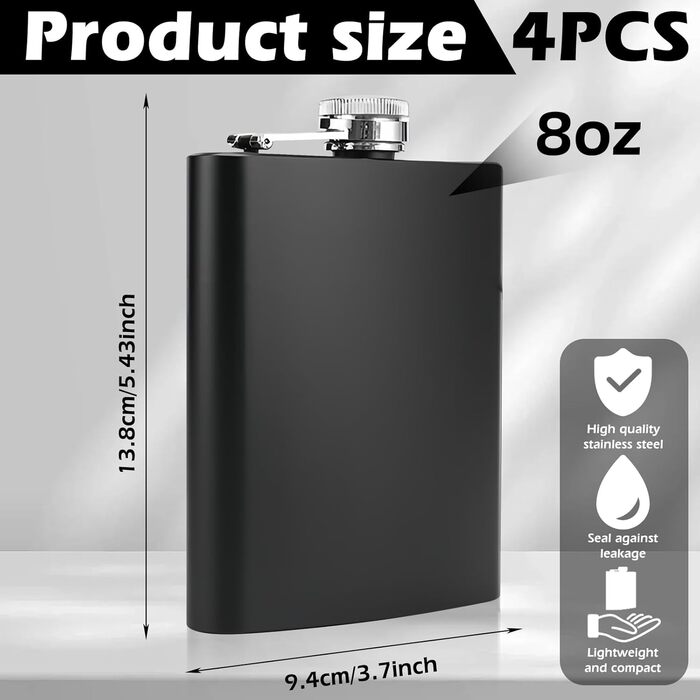 Набір з 4 флаконів з нержавіючої сталі: 236 мл, з воронкою, для напоїв, жінок, пікніків, подорожей, кемпінгу, 13,8 x 9,4 см, чорний