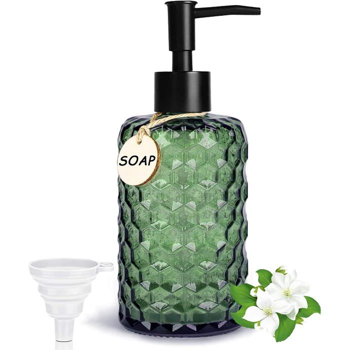 Скляний дозатор для мила 500 мл з хвильовим дизайном для ванної кімнати та кухні, з чорною пластиковою помпою, дерев'яними етикетками та воронкою (вугільний колір, зелений)