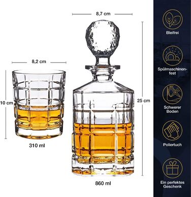 Regal Trunk & Co. Whisky Kristallgläser Set with Decanter - Set of 4 Square-Engraved Tumblers and Carafe - Crystal Whisky Decanter Set for Bourbon and Scotch - Includes Gift Box and Polishing Cloth